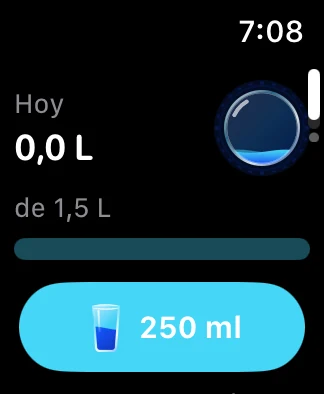Real WaterAlly Apple Watch screen with 250 ml logging button, shown in Spanish